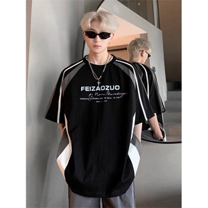 插肩袖t恤男款夏季美式机车服高级感t恤拼接潮牌小领口重磅上衣服图片