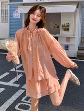 橘粉色轻薄系带衬衫套装裙女2025夏季新款别致漂亮半身裙两件套潮，女装套装/套裙，浙宝305