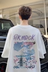 图案已注册富士山樱花夏季重磅短袖T恤男潮宽松半袖体恤D050/P25，男装T恤，电商B209