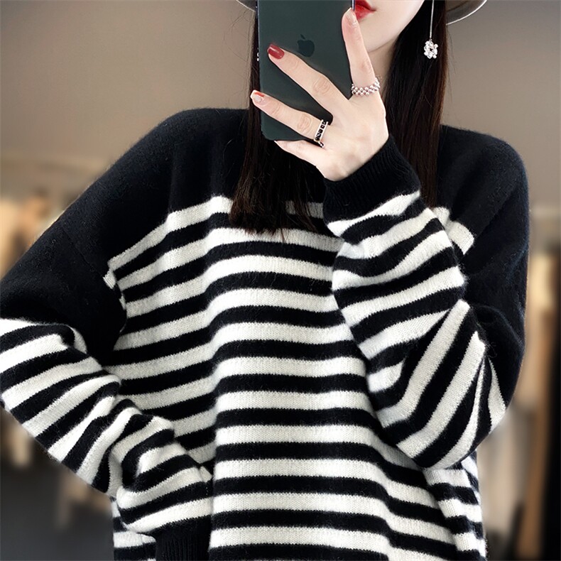 黑白条纹秋冬简约时尚新款长袖圆领羊毛连衣裙,女装羊毛衫,宋氏羊绒