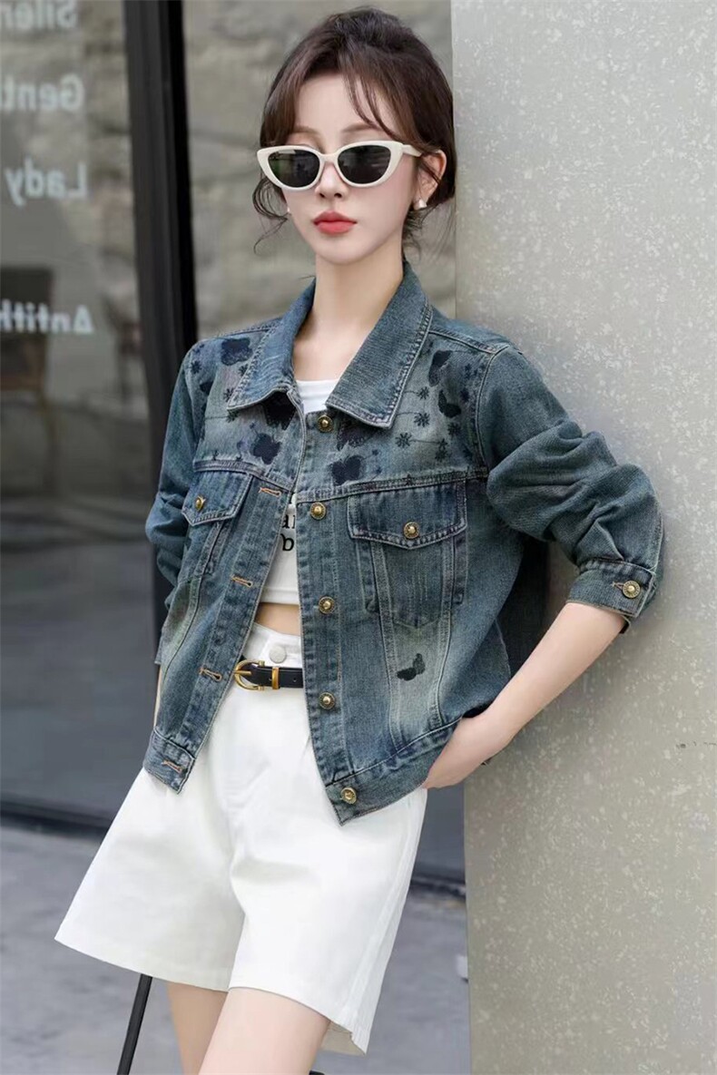现货牛仔外套女秋季新款刺绣百搭减龄棒球服夹克短款上衣潮,女装牛仔外套,江南女神
