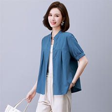 时尚棉麻短袖上衣女宽松显瘦百搭气质V领衬衫，女装衬衫，依恋蒂丝