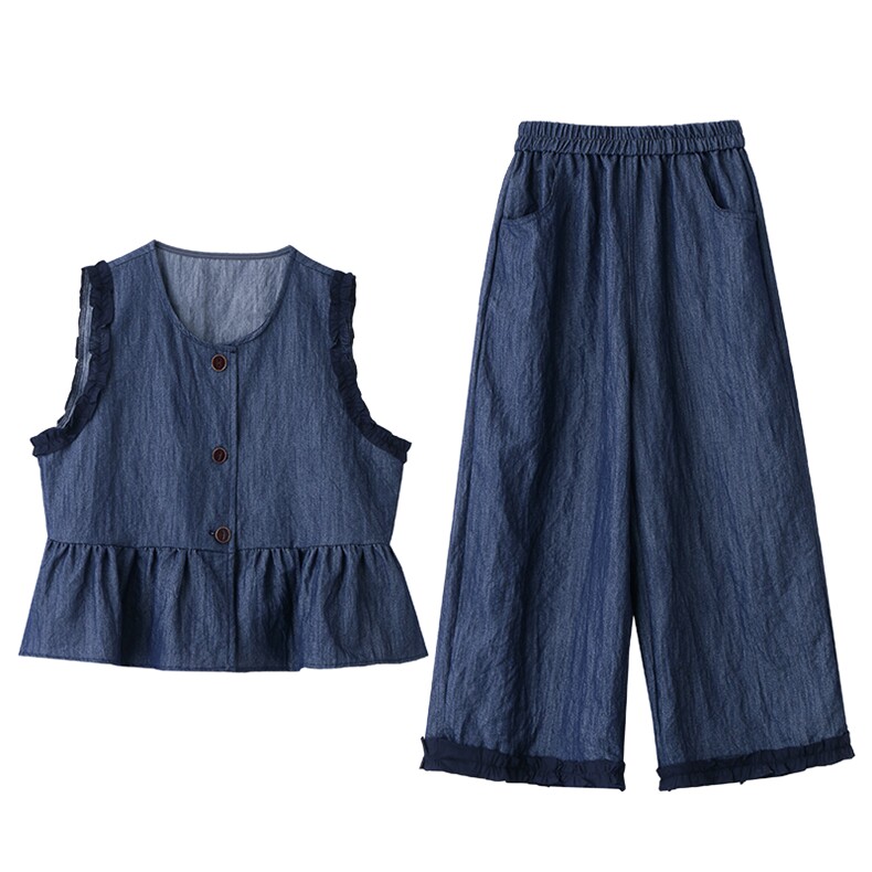 休闲牛仔背心马甲阔腿裤两件套女2025夏新款小个子超好看减龄套装,女装套装/套裙,依如秀(原杭风阁)
