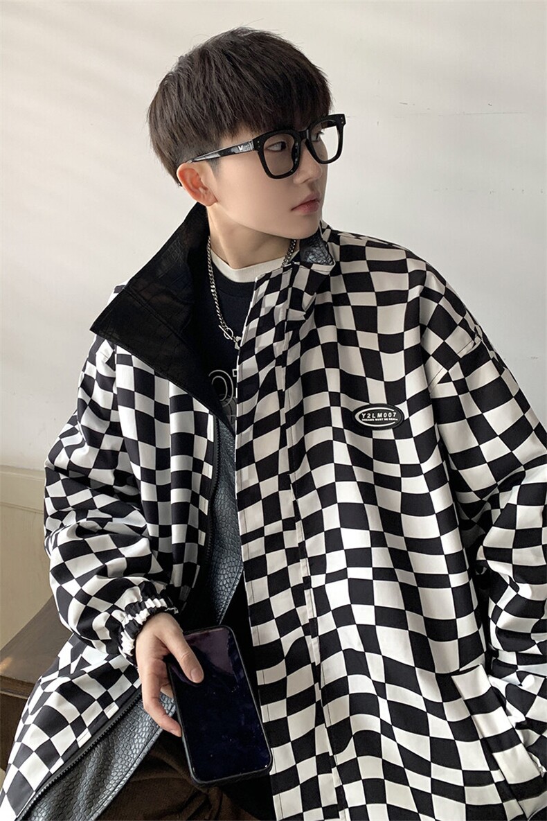 1港风两面穿夹克男大码格子PU皮鳄鱼纹皮衣男外套JK8753P110控149,男装夹克,星座226-2