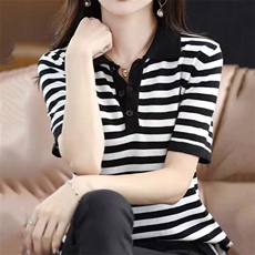 条纹撞色POLO领针织短袖女夏装薄款棉线T恤2025新款百搭宽松半袖，女装针织衫/毛衣，萱芳婷羊绒