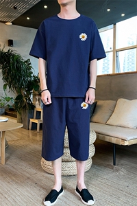 2021夏季新款风印花短袖T恤套装男潮流大码宽松短裤两件套P65图片