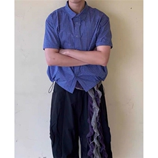 蓝色格纹抽绳短袖衬衫男女短款五分袖衬衫miu系上衣CQ2278，男装T恤，星座1116A（原606A-3）