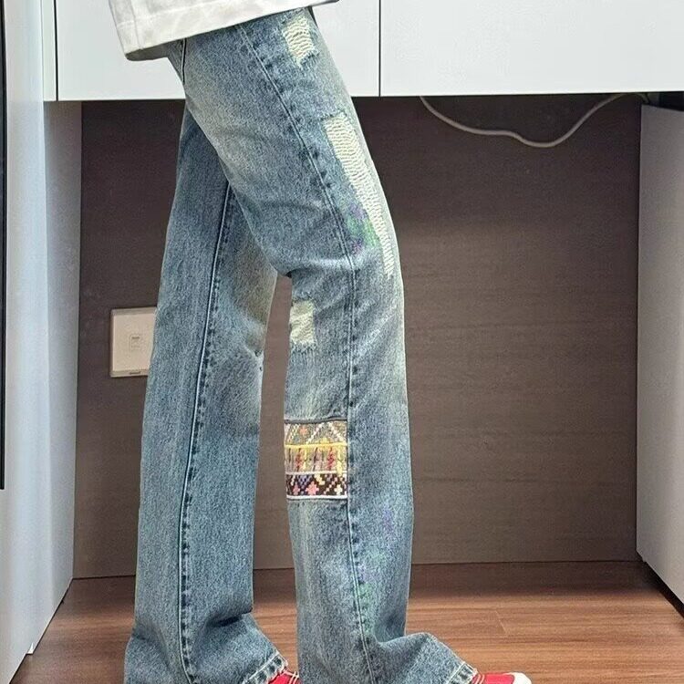 复古民族风贴布男女同款牛仔裤破洞小众设计感裤子美式直筒微喇裤图片