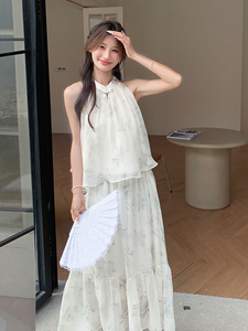新中式国风白色挂脖背心半身裙女夏甜美小香风独特漂亮图片