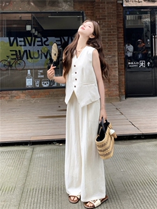 老钱风亚麻西装马甲阔腿两件套女2026新款夏季薄款透气高级感套装图片