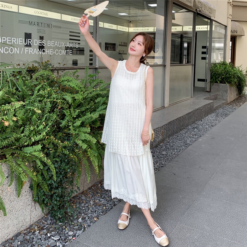 设计感蕾丝拼接假两件白月光无袖长裙夏季新款超好看显瘦连衣裙女图片