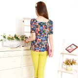 时尚彩色几何图案雪纺衫宽松显瘦短袖上衣，女装蕾丝衫/雪纺衫，雪樱依海