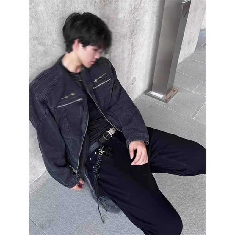 N10-P67美式复古做旧水洗牛仔外套男小众高级感金属立领,男装工装外套,电商B323A