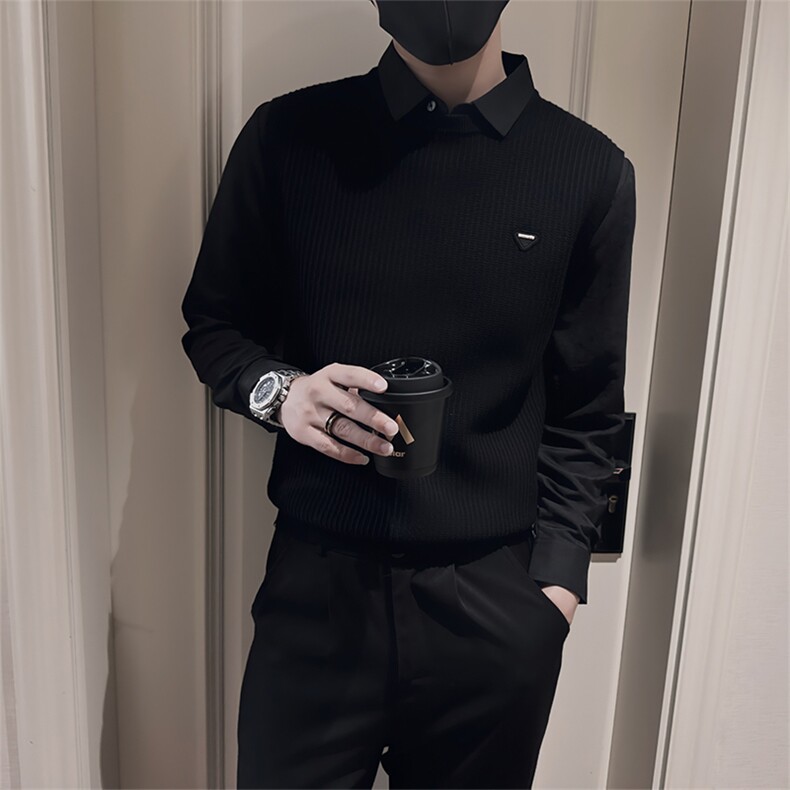 LV282/P88控118冬季假两件衬衫料手袖领针织贴标毛衣男黑首2,男装针织衫/毛衣,星座305B