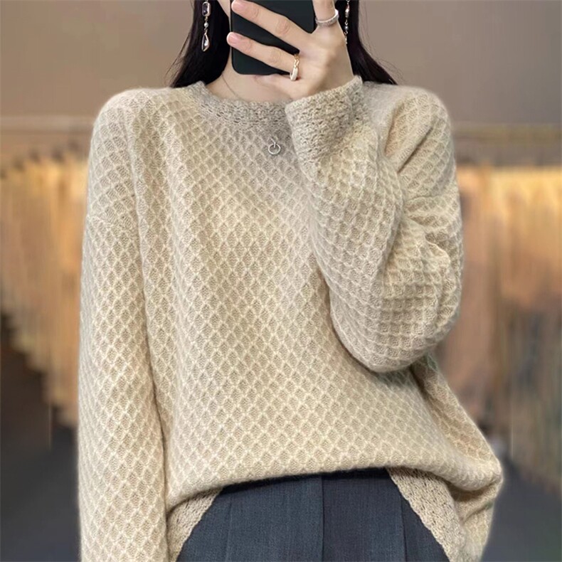 秋冬新款重工钩花圆领羊毛毛衫百搭显瘦保暖女款针织衫,女装羊毛衫,科源羊绒