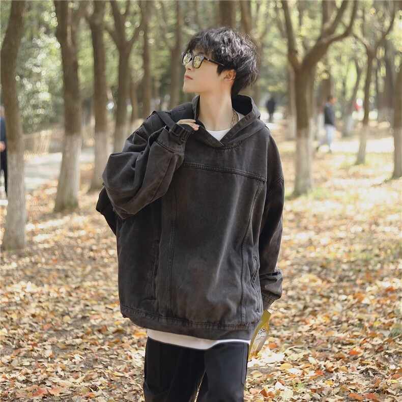 水洗牛仔卫衣外套男连帽秋季日系宽松套头夹克上衣服WY008P65,男装卫衣,星座410-2