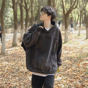 水洗牛仔卫衣外套男连帽秋季日系宽松套头夹克上衣服WY008 P65图片