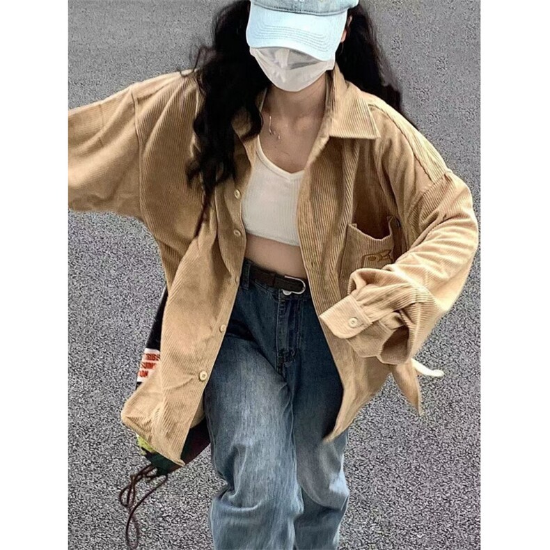 灯芯绒港风衬衫长袖女刺绣韩版宽松小众慵懒风开衫外套春秋CA184,男装衬衫,星座1116A（原606A-3）