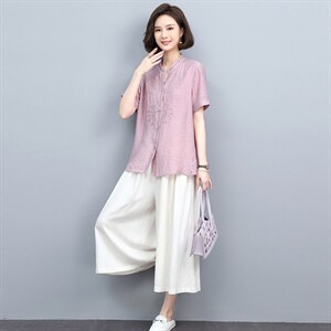 2022重工刺绣短袖衬衫女夏季新款妈妈衬衣棉麻风休闲上衣图片