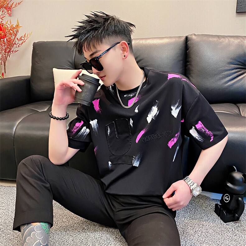 AT507/特P58控78/夏季社会小伙刺绣字母彩绘涂鸦扎染打底男黑首,男装T恤,星座305B-1