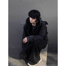 美式复古水洗双口袋连帽卫衣男小众设计感拉链外套潮，女装短外套，四季星座505