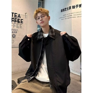 A200-P65 假两件外套男2025年新款翻领行政夹克男士春装潮牌格子图片