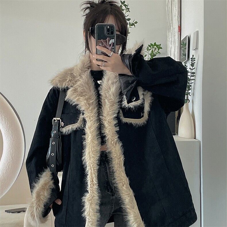 夹棉加厚黑色牛仔外套女冬季复古宽松拼接棉衣保暖棉服NZ005-120图片