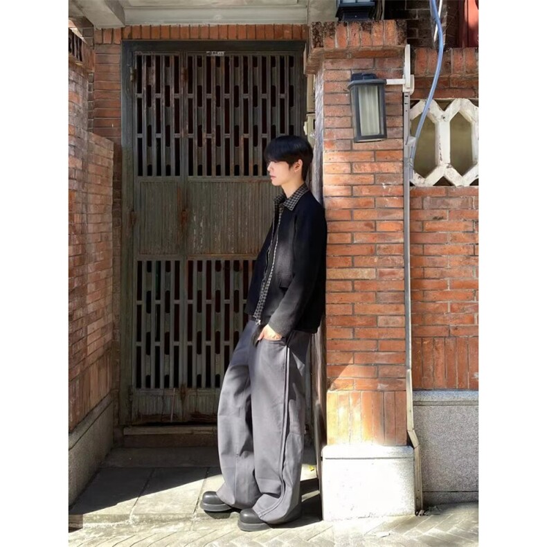 美拉德棕色假两件短款飞行员夹克男士秋冬季双领设计感棒球服外套,男装夹克,四季星座505