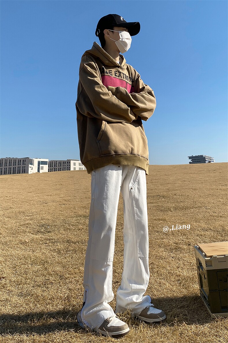 高街牛仔裤黑白色拉链款微喇叭裤715-6-BX08P65（控88）,男装牛仔裤,星座715-6