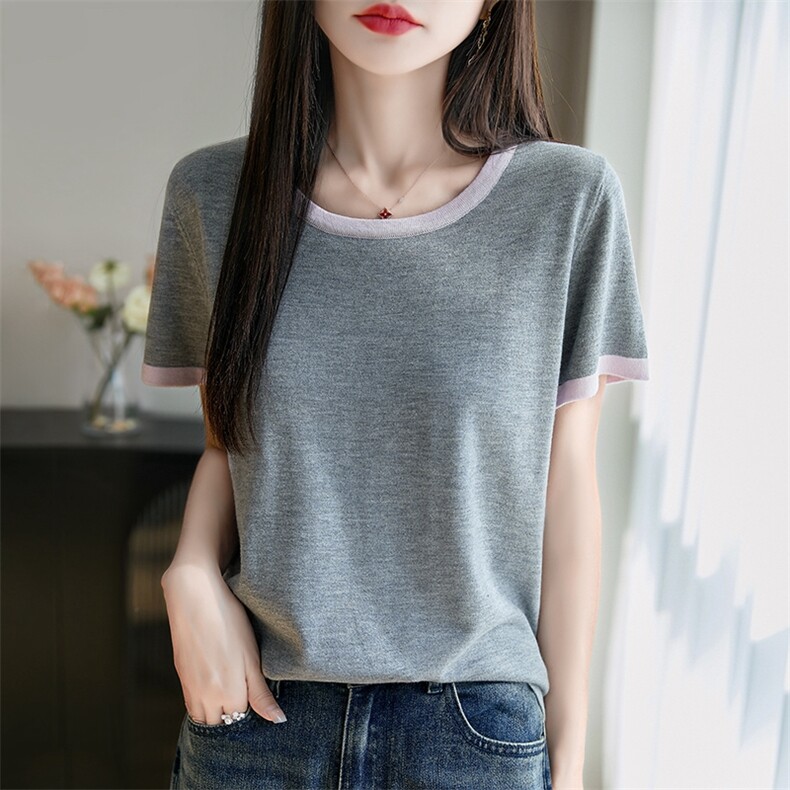拼色圆领精纺桑蚕丝羊毛针织短袖T恤女夏季新款宽松半袖上衣打底,女装T恤,暖烁特种纱工厂店