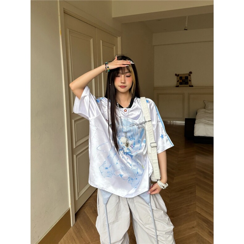 美式复古轻亚卡通少女印花v领球衣2025夏季短袖T恤女宽松条纹上衣,男装T恤,星座506A