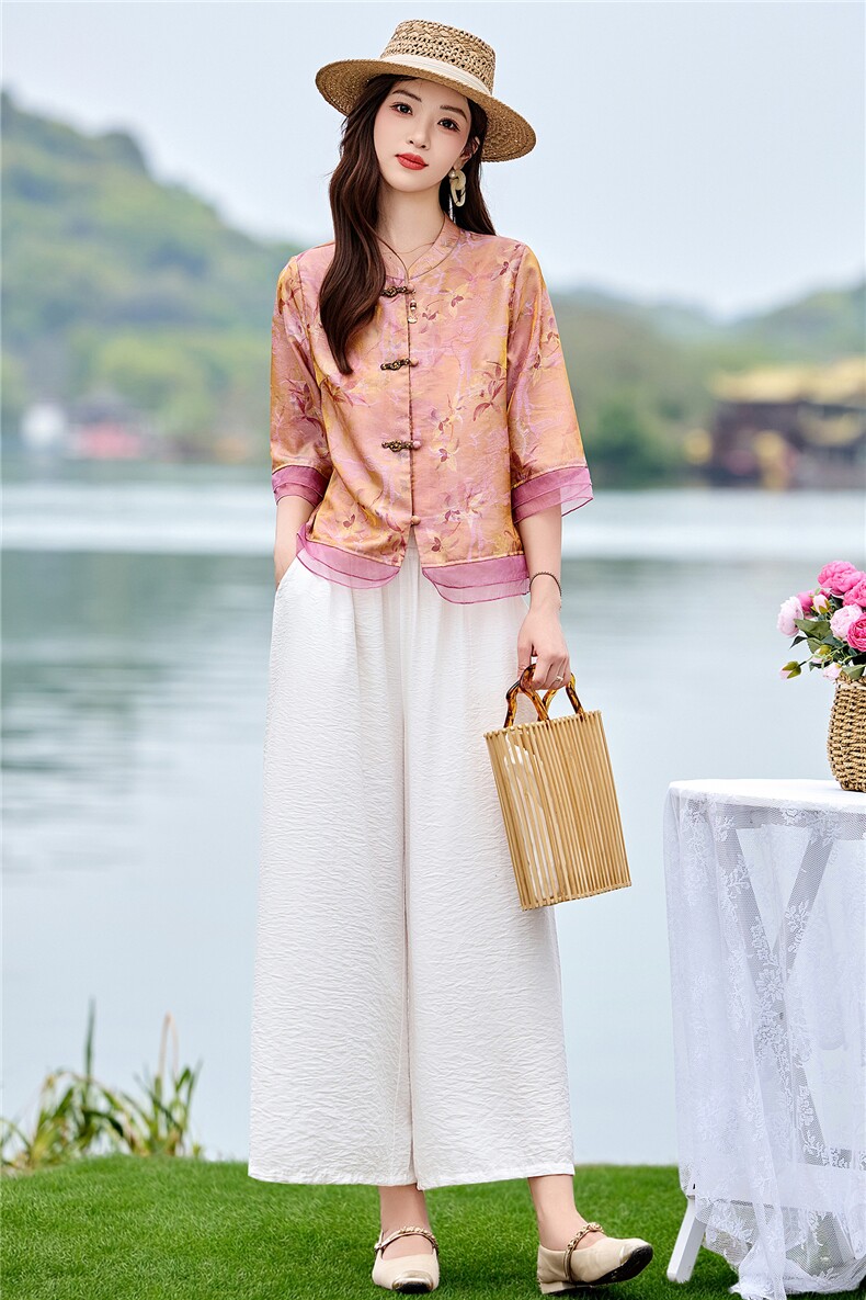 现货简约新中式印花锦缎2026年夏季时尚洋气出游聚会女士两件套,女装套装/套裙,木橙西子