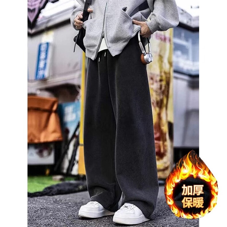 做旧直筒卫裤男秋冬加厚阔腿裤子慵懒风休闲长裤LM388-p50加绒58,男装休闲裤,星座1008