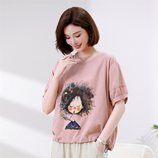 时尚宽松短袖T恤女夏季新款卡通印花上衣百搭休闲女装衬衫，女装衬衫，叶笙衣