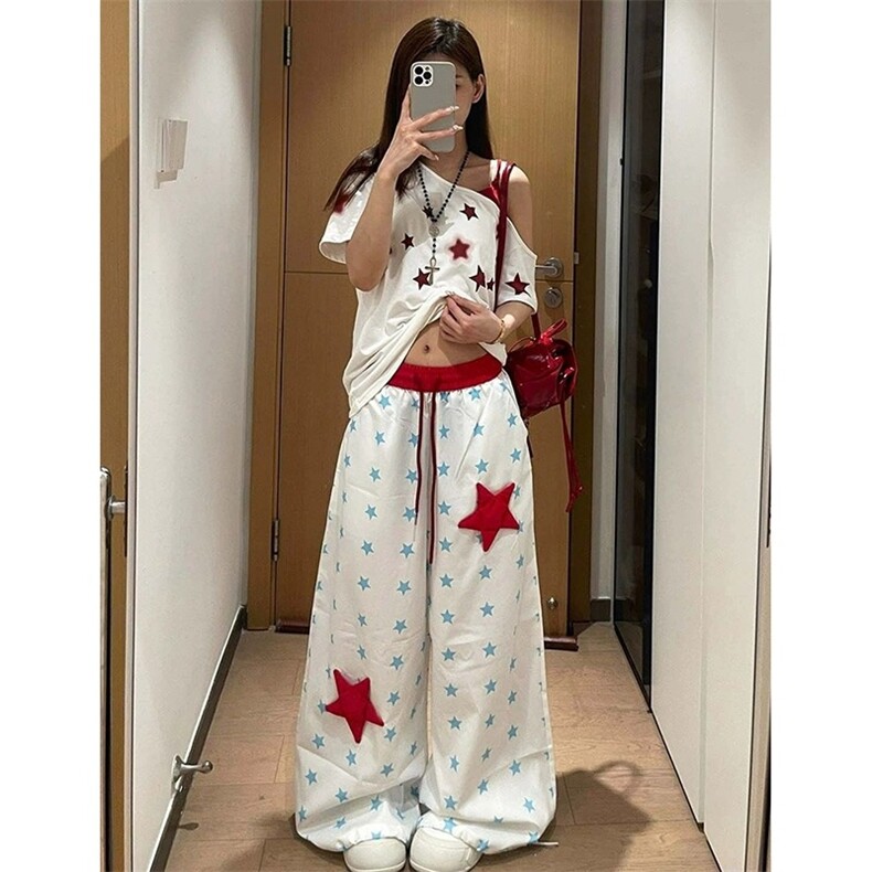 【现货】D5322-特批39美式复古星星印花休闲裤女宽松显瘦百搭裤,男装休闲裤,星座603-2