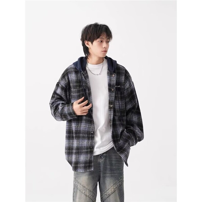 LC29-P55美式假两件格子连帽衬衫男秋冬季宽松休闲衬衣外套,男装衬衫,电商B323A