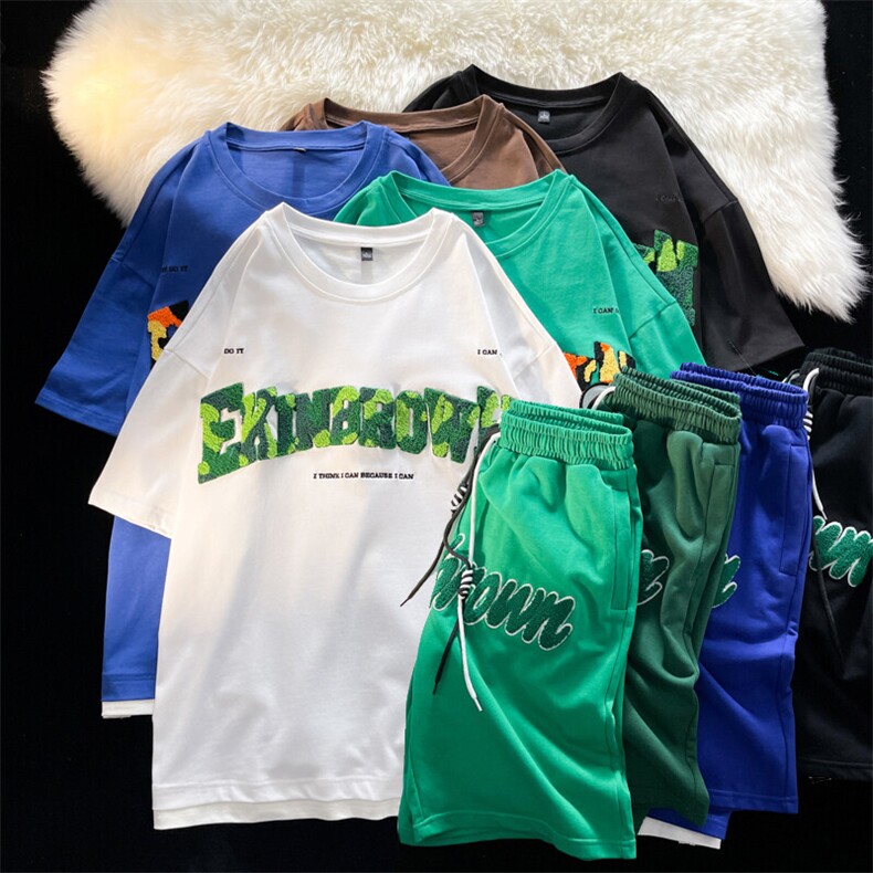 1短袖套装男大码M-5XL中性风短袖T恤男套装女短裤TZ7708P75控98，男装牛仔裤，星座226-2