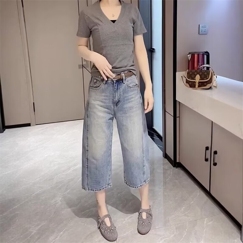 大码浅色阔腿牛仔裤女夏季薄款2025新款胖mm显瘦宽松八分直筒裤子,男装牛仔裤,星座1210-1