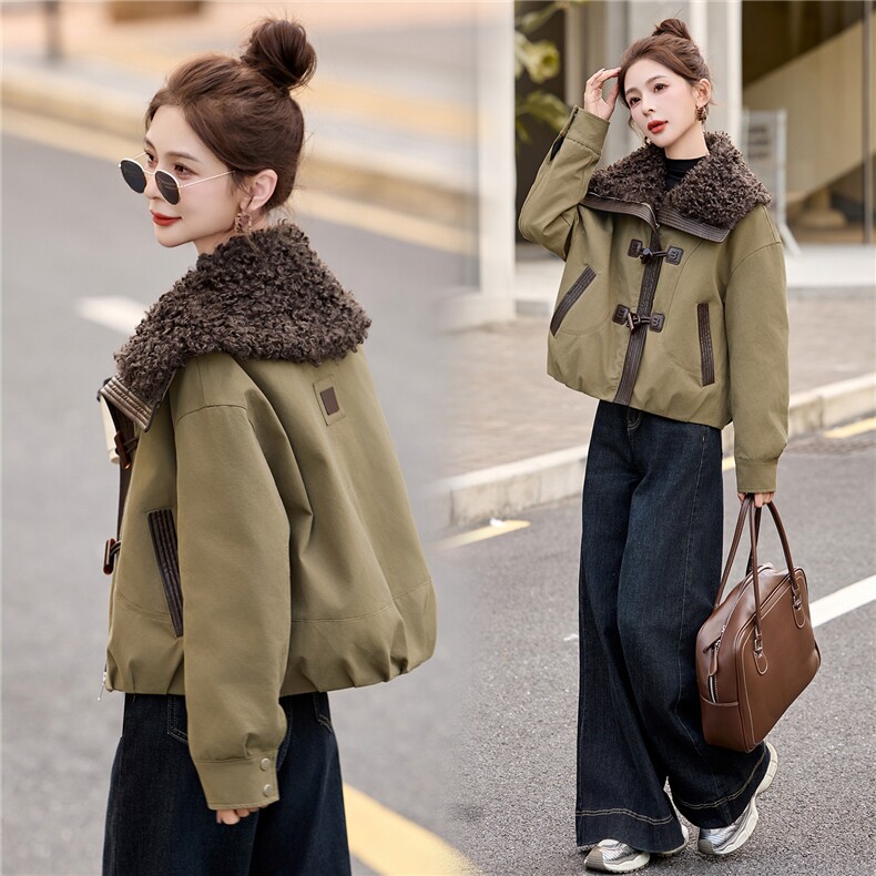 现货工装大翻领短款羽绒服女2026冬季新款加厚保暖派克服外套,女装羽绒服,美沁