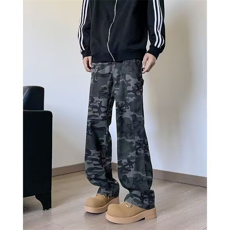 秋冬加绒加厚迷彩牛仔裤男款潮牌高街宽松直筒百搭休闲工装长裤子,男装休闲裤,星座1013