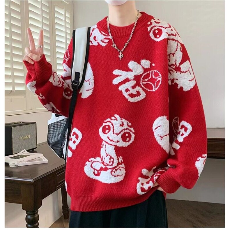网络图本命年过年喜庆红色毛衣男女秋冬新款宽松超好看针织衫上衣,男装针织衫/毛衣,星座715-4
