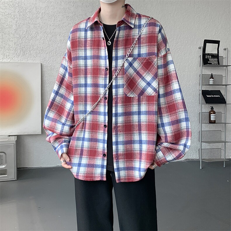 衬衫男秋季新款港风宽松大码磨毛格子长袖衬衣CS6639-P35，男装衬衫，星座214-3