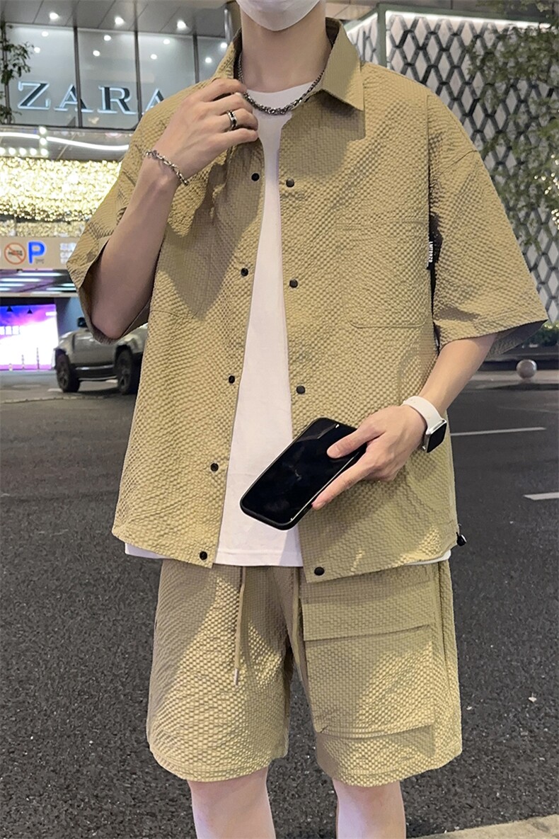 夏季薄款冰丝短袖衬衫情侣短袖短裤两件套装A455P65,男装衬衫,电商A309