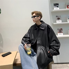 日系复古纯色翻领情侣宽松PU皮衣外套春秋季潮牌机车风夹克上衣，男装夹克，星座601-1