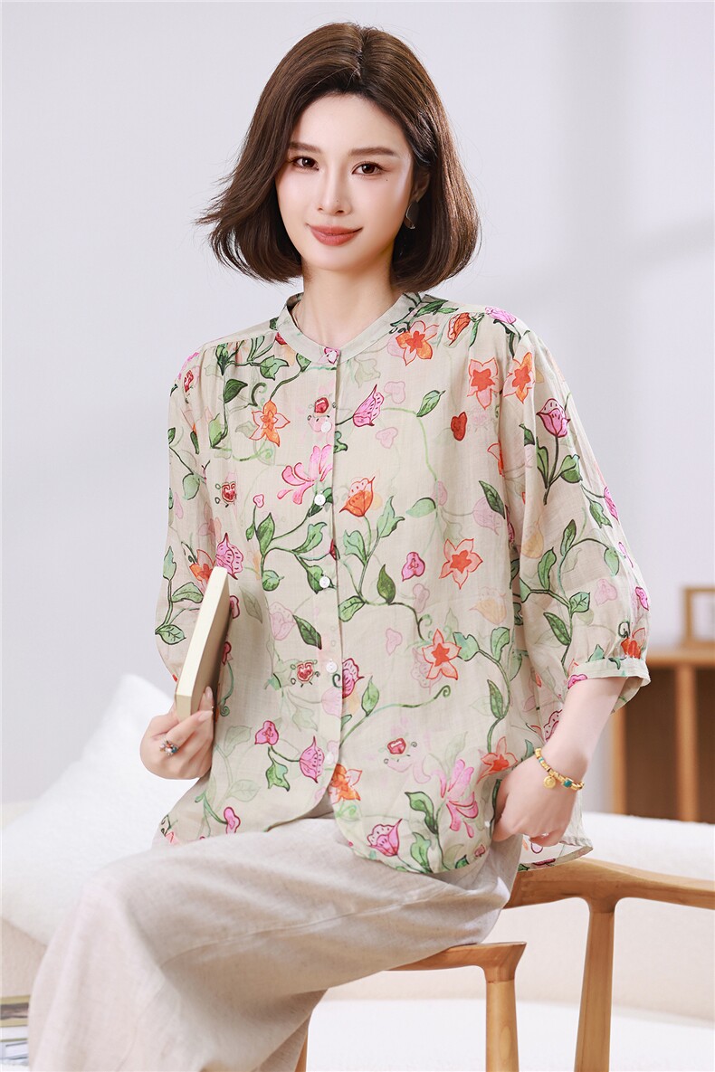 苎麻印花衬衫2026女夏季薄款透气中袖上衣中年妈妈宽松减龄,女装衬衫,忆绮罗