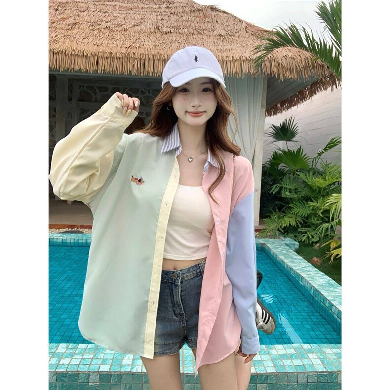 D731-P50 多巴胺拼色设计感衬衫夏季长袖腊肠狗刺绣polo领上衣服图片