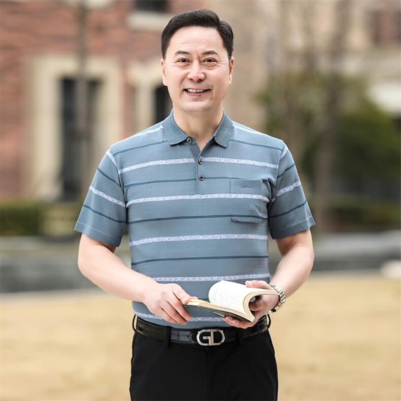 2025新款夏季爸爸装真口袋短袖t恤中老年男装翻领休闲冰丝POLO衫图片