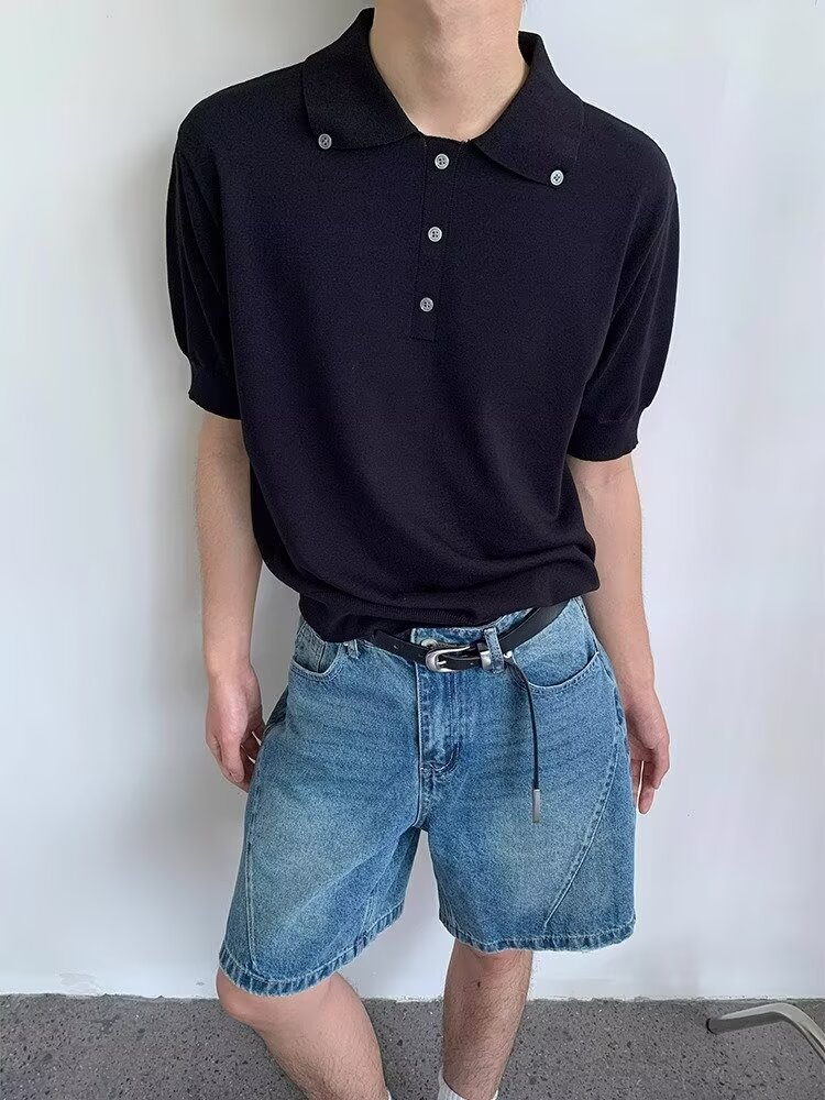 MDAG美式复古金属扣翻领短袖T恤polo衫男女夏季宽松休闲百搭上衣,男装T恤,四季星座505