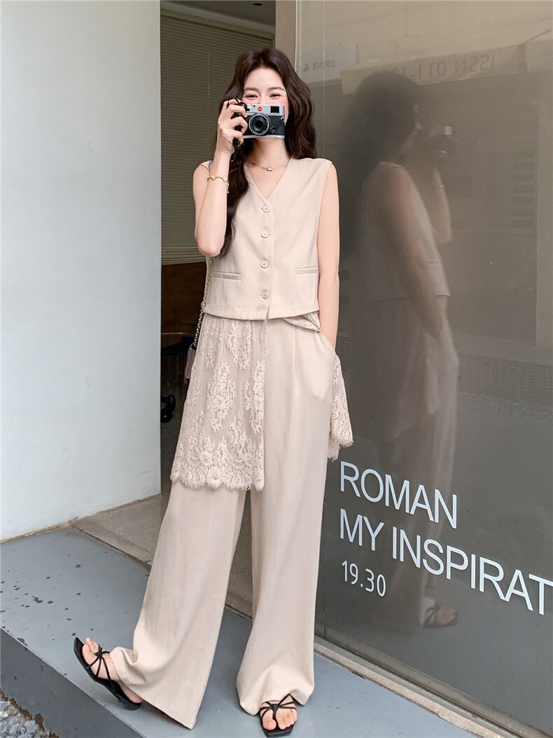 韩系松弛感蕾丝拼接马甲套装女2026夏季新款休闲阔腿裤两件套,女装套装/套裙,冬木谷雨