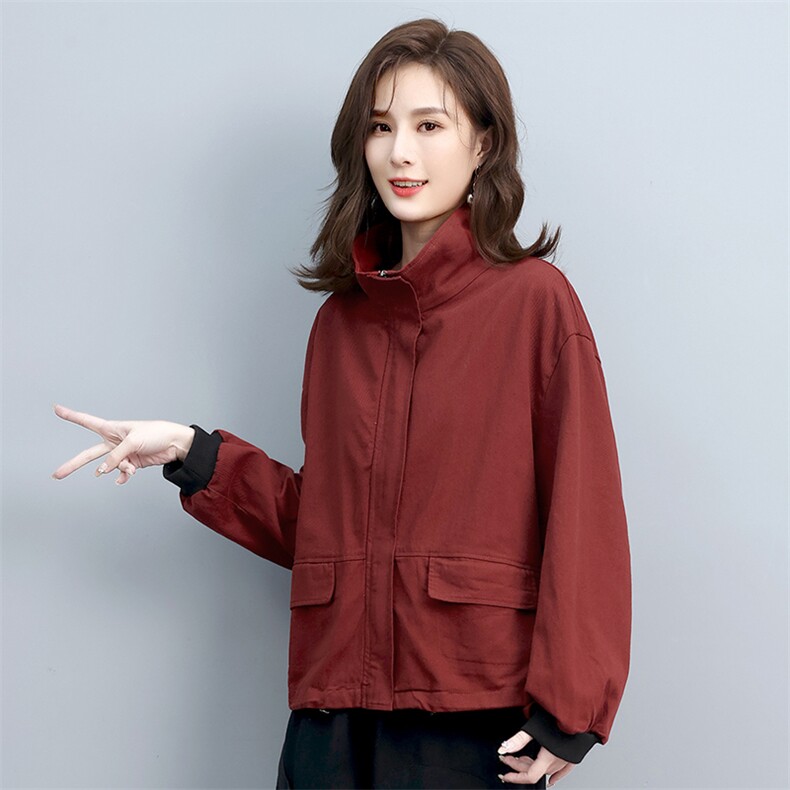 2022年春季百搭通勤宽松长袖立领拉链印花抽绳外套,女装短外套,叶笙衣